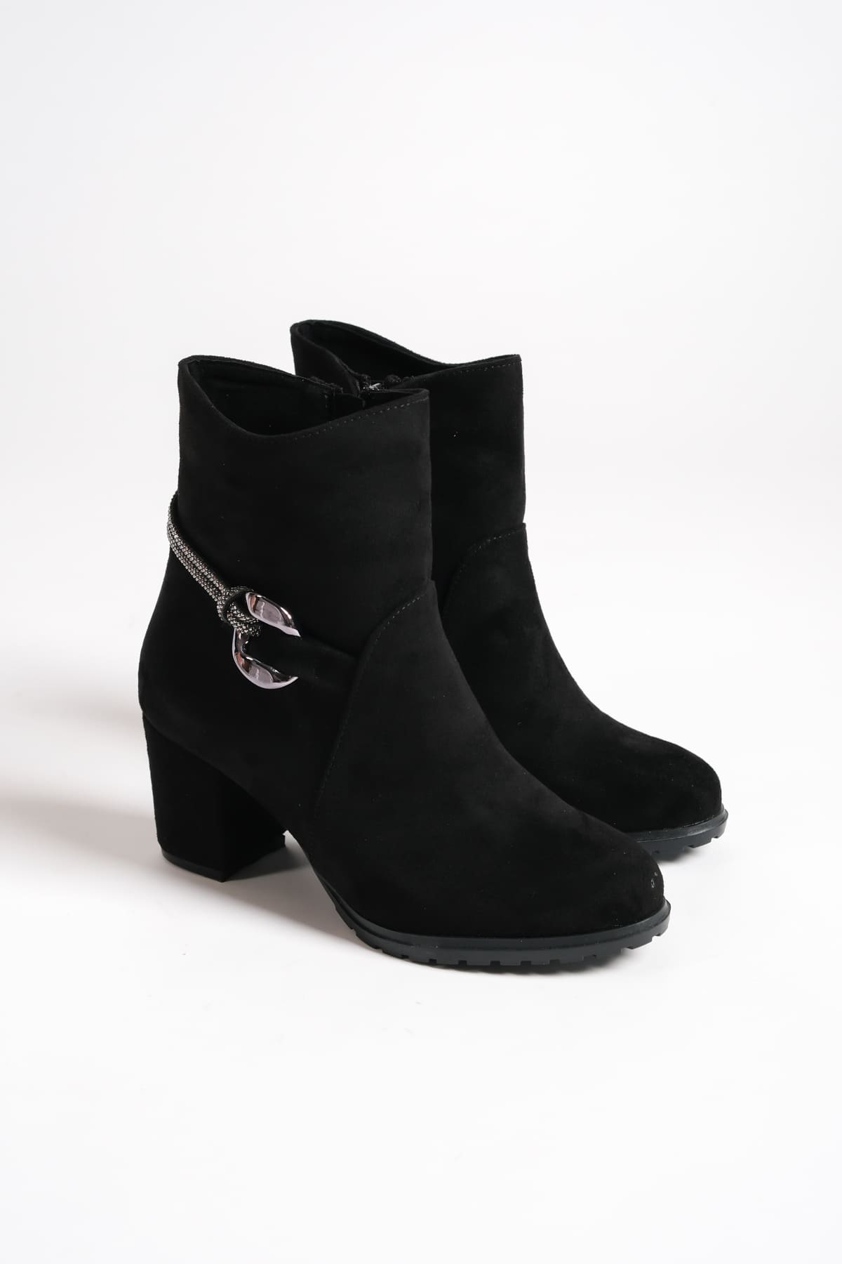 EDE Zippered Orthopedic Sole Stoned Heeled Suede Women's Boots - Black