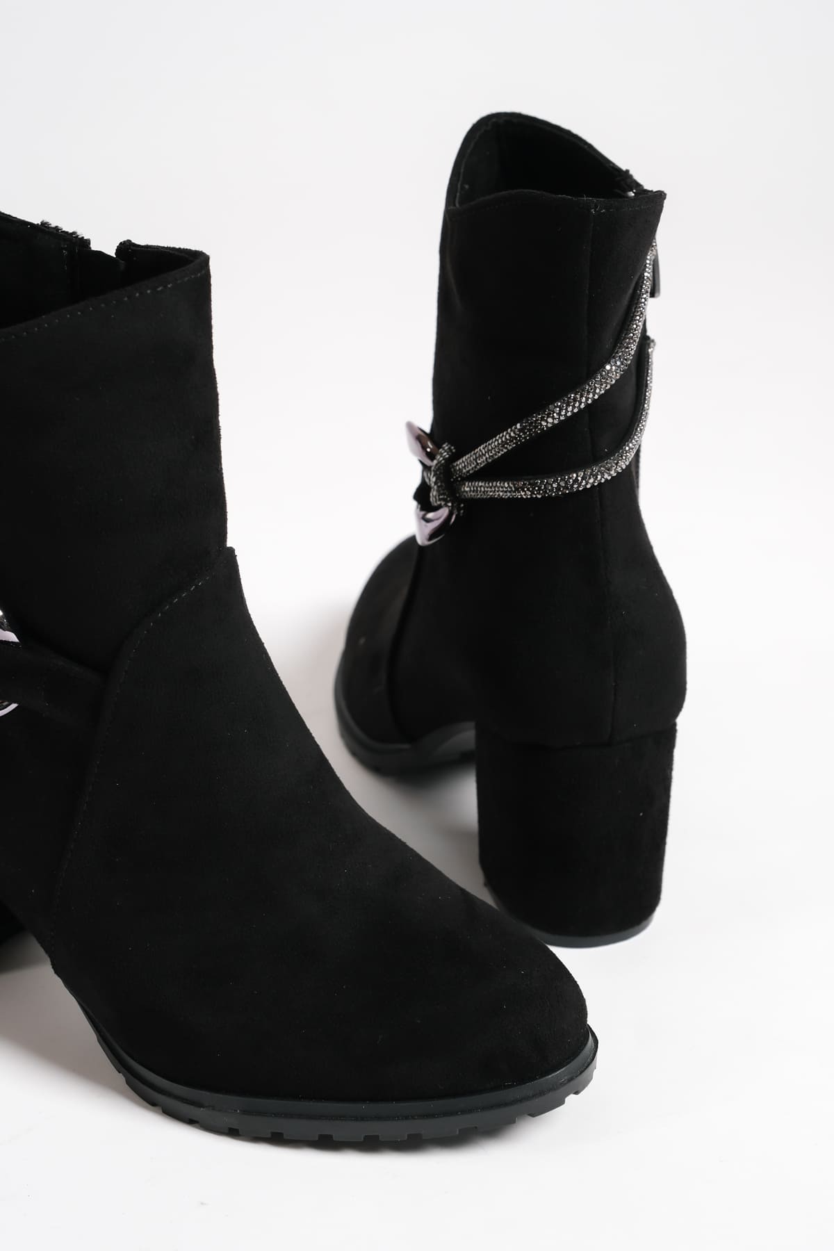 EDE Zippered Orthopedic Sole Stoned Heeled Suede Women's Boots - Black