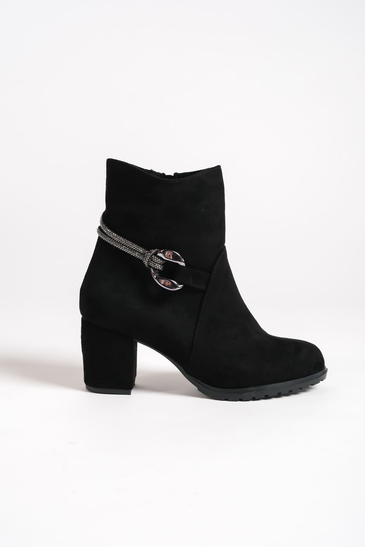 EDE Zippered Orthopedic Sole Stoned Heeled Suede Women's Boots - Black