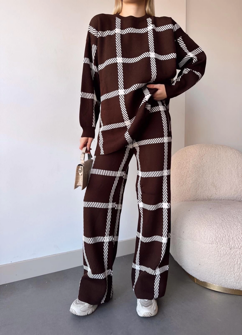 Ekoseli Triko 2li Takım Kahve Beyaz