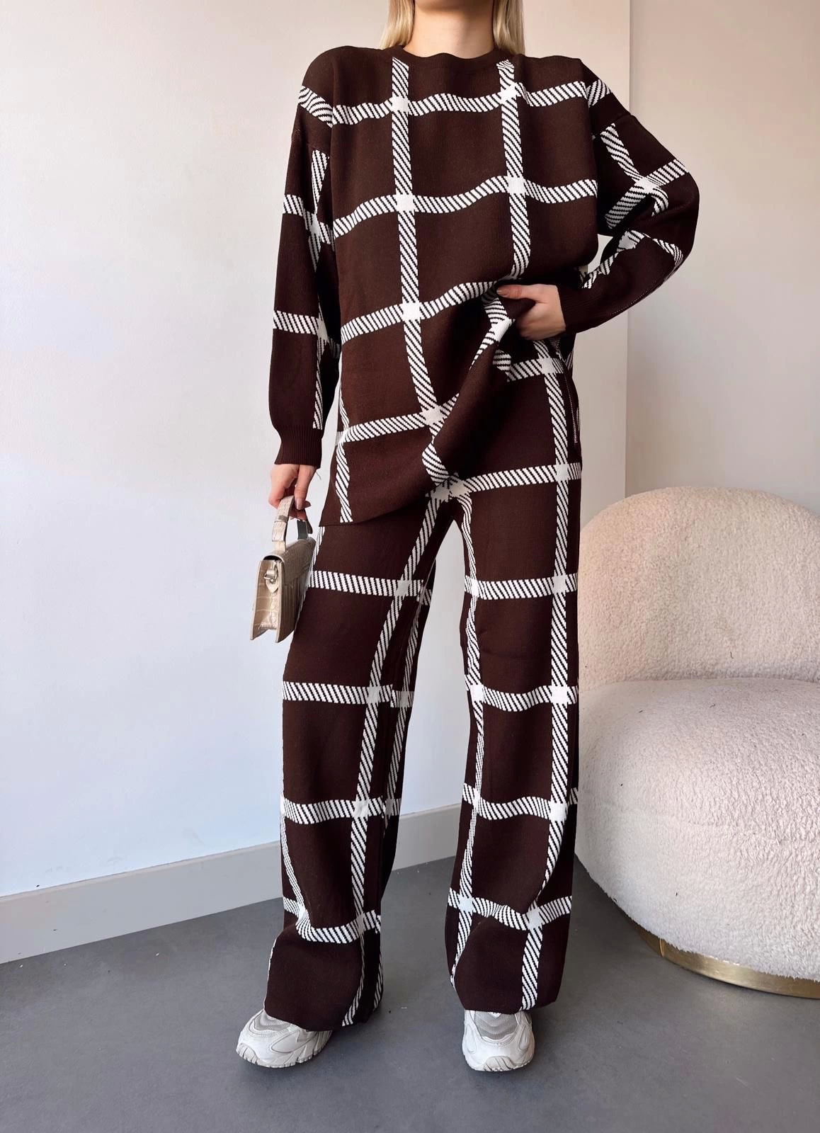 Ekoseli Triko 2li Takım Kahve Beyaz