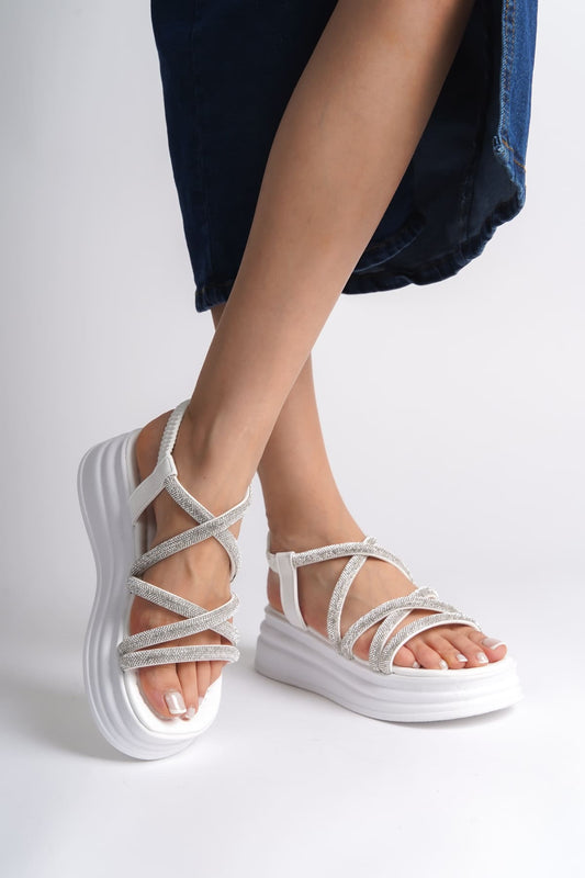ELENA Elastic Stoned Striped Orthopedic Wedge Sole Women's Sandals - White