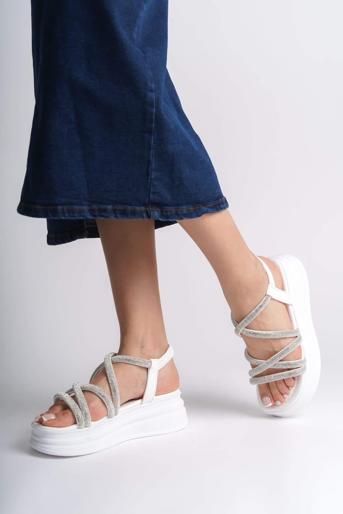 ELENA Elastic Stoned Striped Orthopedic Wedge Sole Women's Sandals - White