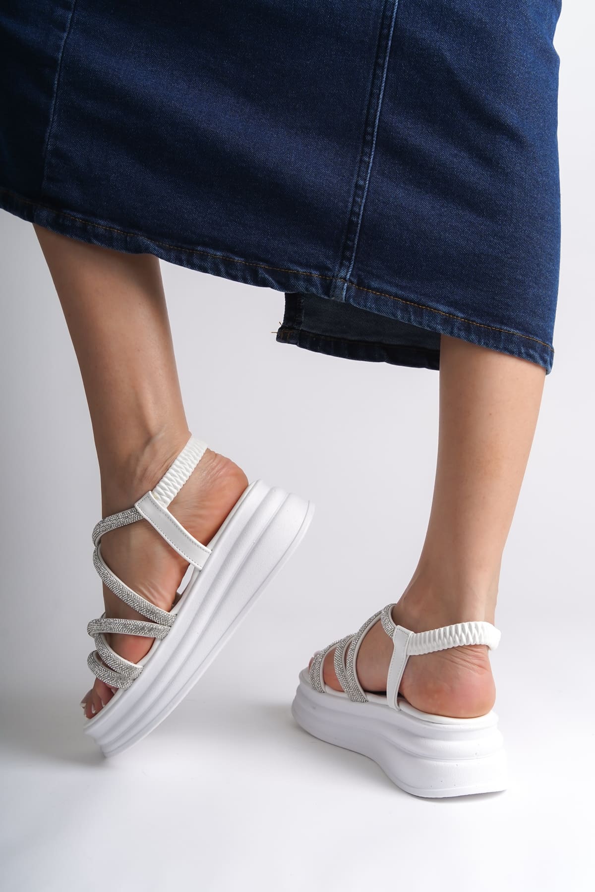 ELENA Elastic Stoned Striped Orthopedic Wedge Sole Women's Sandals - White