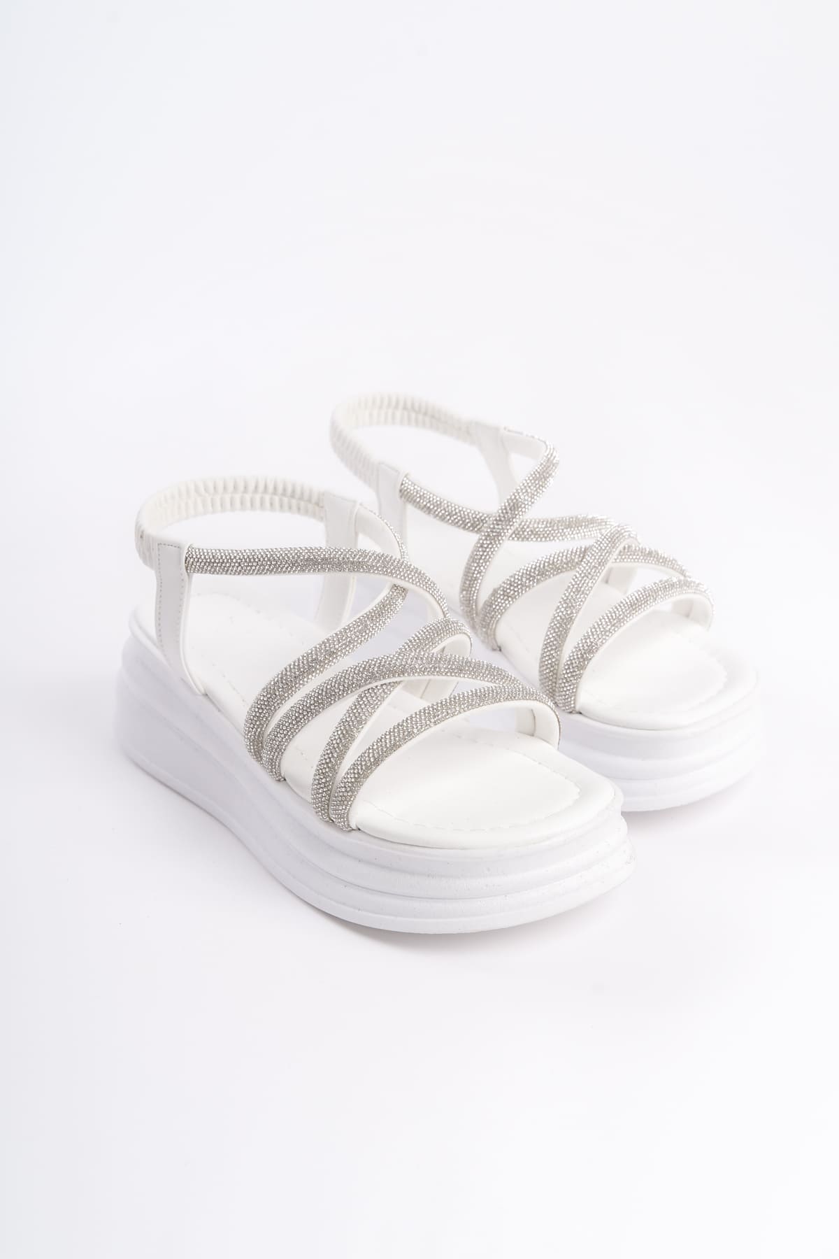 ELENA Elastic Stoned Striped Orthopedic Wedge Sole Women's Sandals - White