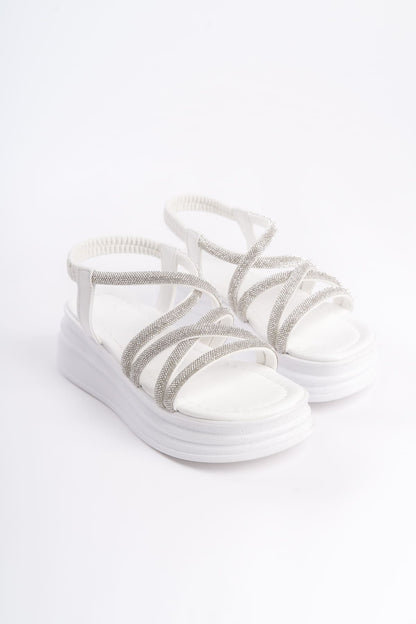 ELENA Elastic Stoned Striped Orthopedic Wedge Sole Women's Sandals - White