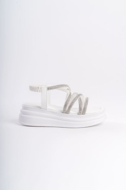 ELENA Elastic Stoned Striped Orthopedic Wedge Sole Women's Sandals - White