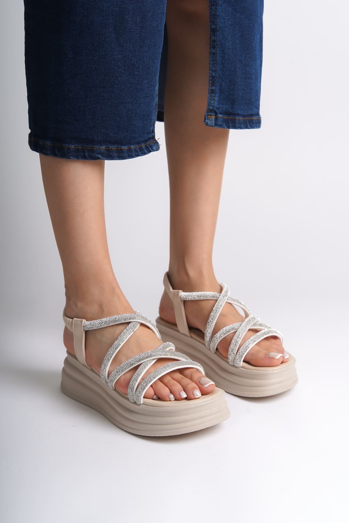 ELENA Elastic Stoned Striped Orthopedic Wedge Sole Women's Sandals - Cream