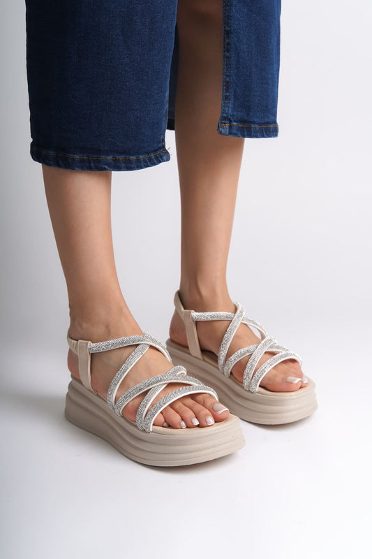 ELENA Elastic Stoned Striped Orthopedic Wedge Sole Women's Sandals - Cream