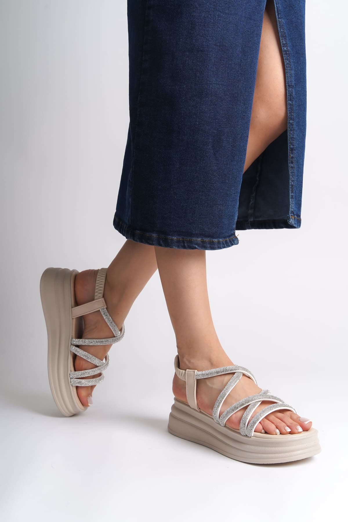 ELENA Elastic Stoned Striped Orthopedic Wedge Sole Women's Sandals - Cream
