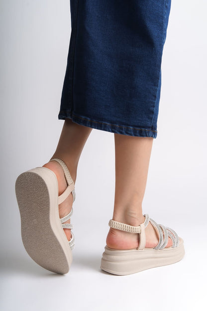 ELENA Elastic Stoned Striped Orthopedic Wedge Sole Women's Sandals - Cream