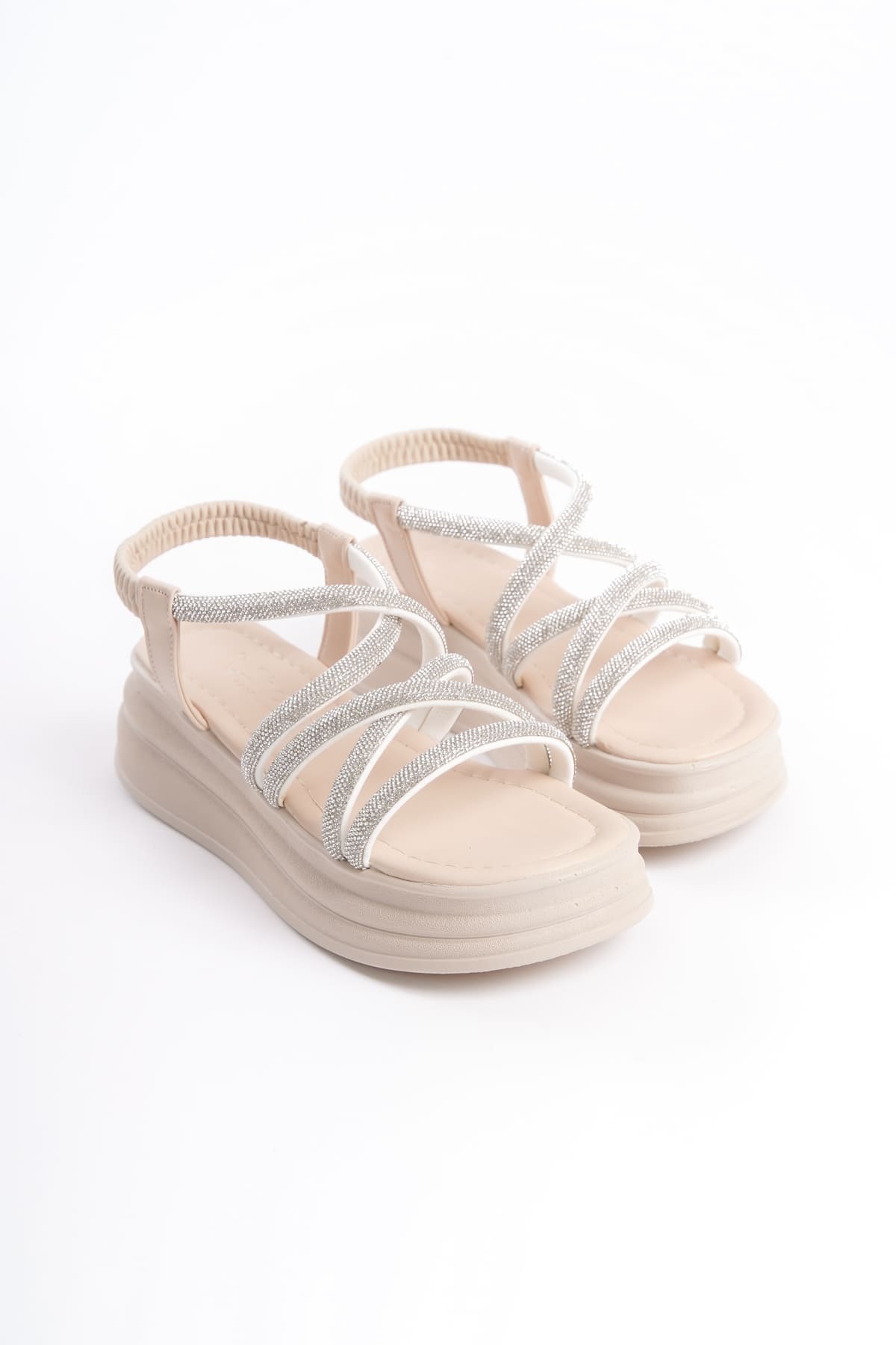 ELENA Elastic Stoned Striped Orthopedic Wedge Sole Women's Sandals - Cream