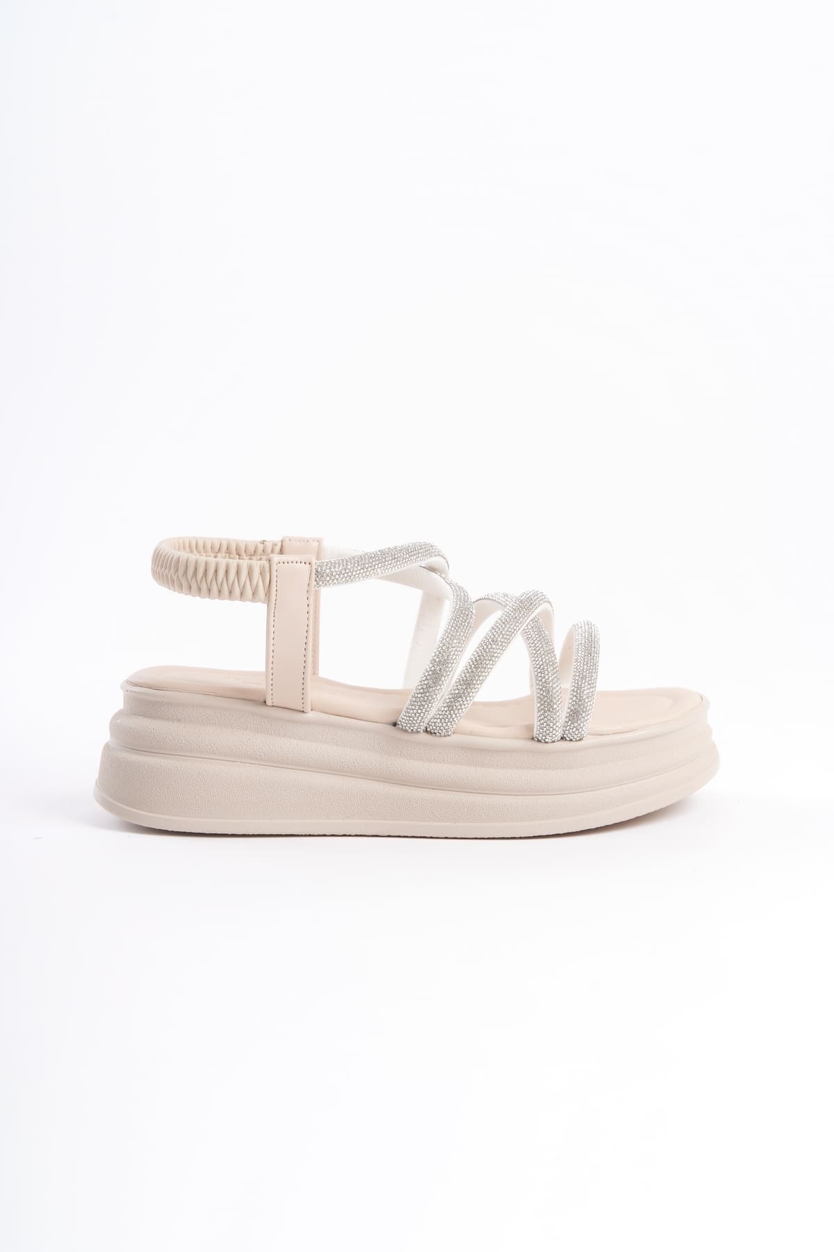 ELENA Elastic Stoned Striped Orthopedic Wedge Sole Women's Sandals - Cream