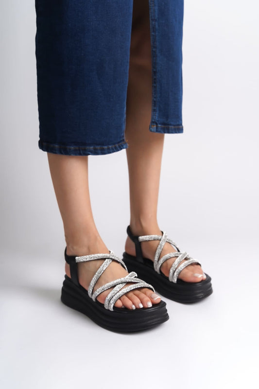ELENA Elastic Stoned Striped Orthopedic Wedge Sole Women's Sandals - Black