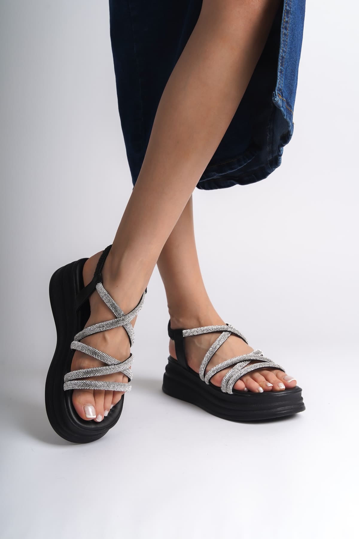 ELENA Elastic Stoned Striped Orthopedic Wedge Sole Women's Sandals - Black