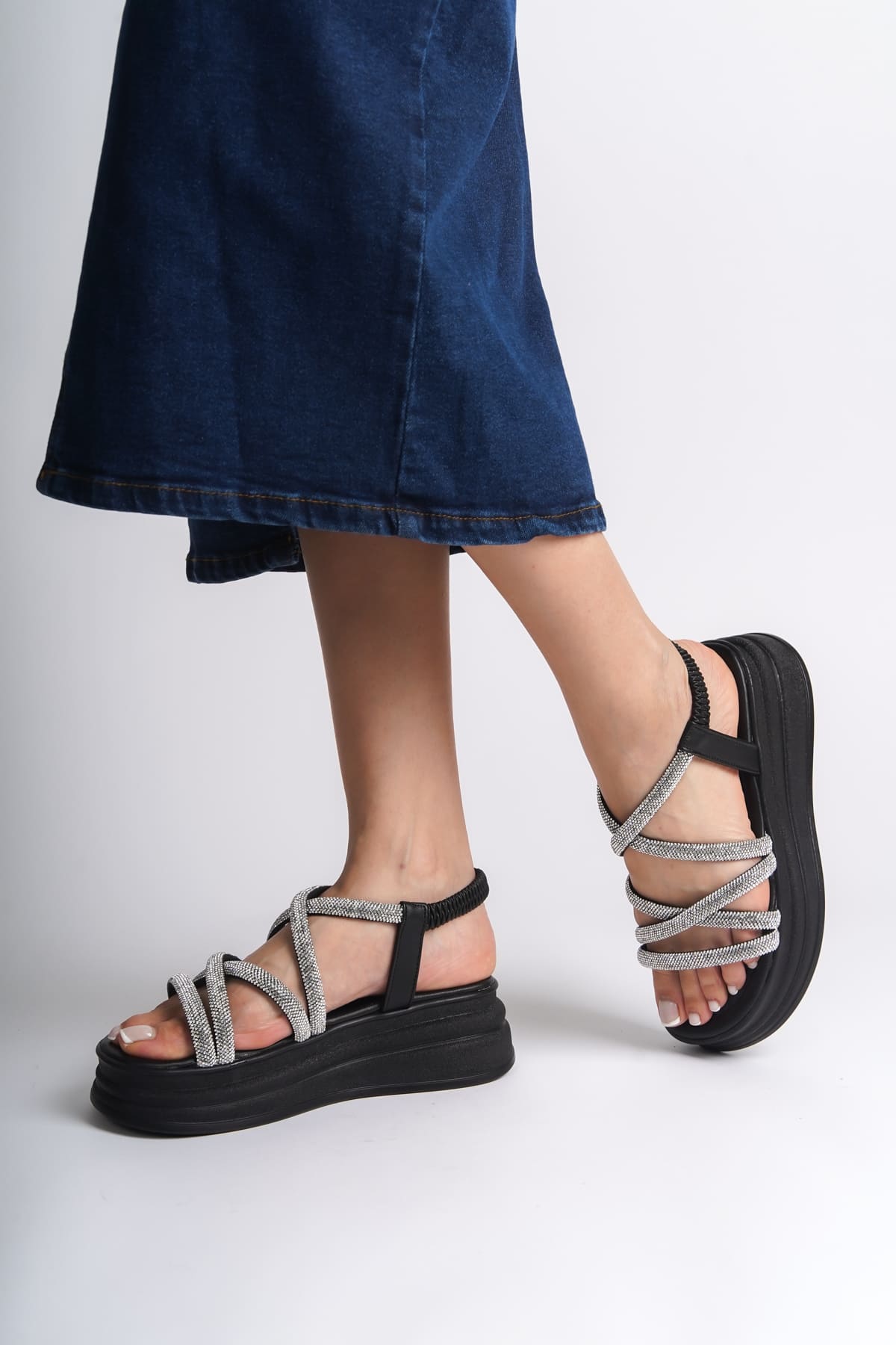 ELENA Elastic Stoned Striped Orthopedic Wedge Sole Women's Sandals - Black