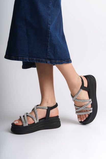 ELENA Elastic Stoned Striped Orthopedic Wedge Sole Women's Sandals - Black