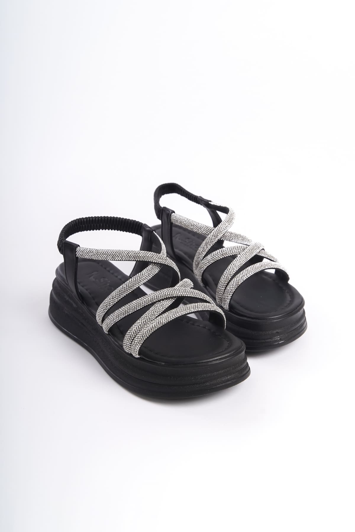 ELENA Elastic Stoned Striped Orthopedic Wedge Sole Women's Sandals - Black