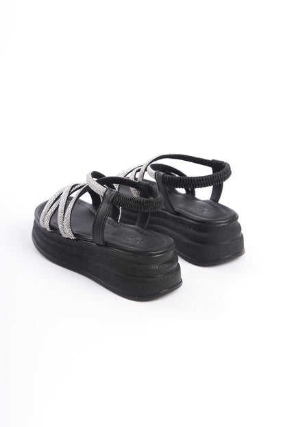 ELENA Elastic Stoned Striped Orthopedic Wedge Sole Women's Sandals - Black