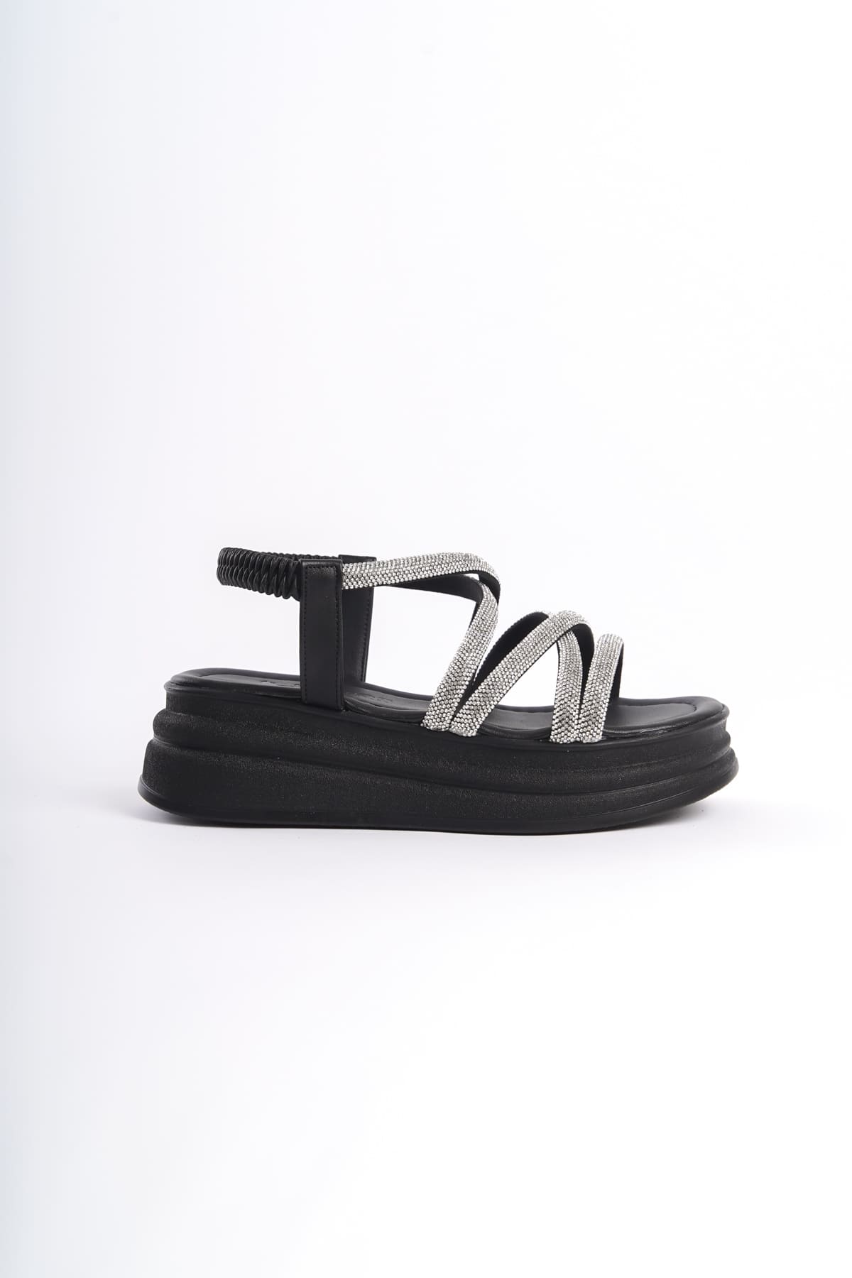 ELENA Elastic Stoned Striped Orthopedic Wedge Sole Women's Sandals - Black