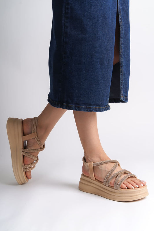 ELENA Elastic Stoned Striped Orthopedic Wedge Sole Women's Sandals - Skin
