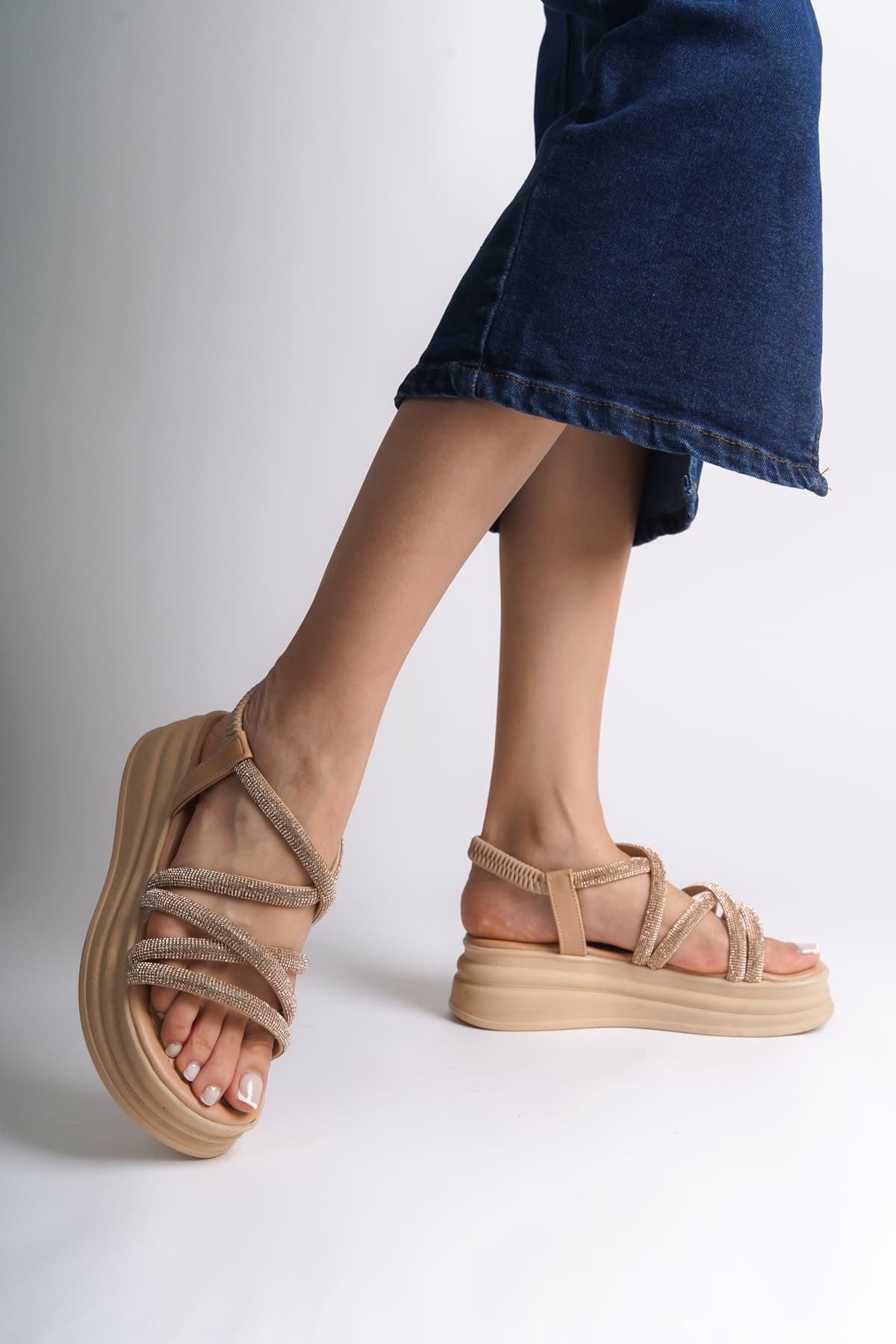 ELENA Elastic Stoned Striped Orthopedic Wedge Sole Women's Sandals - Skin
