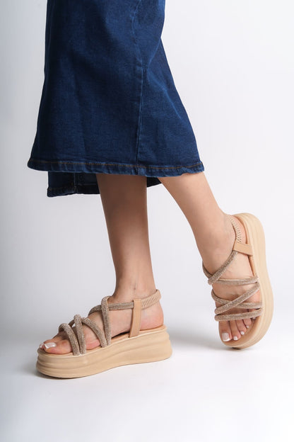 ELENA Elastic Stoned Striped Orthopedic Wedge Sole Women's Sandals - Skin