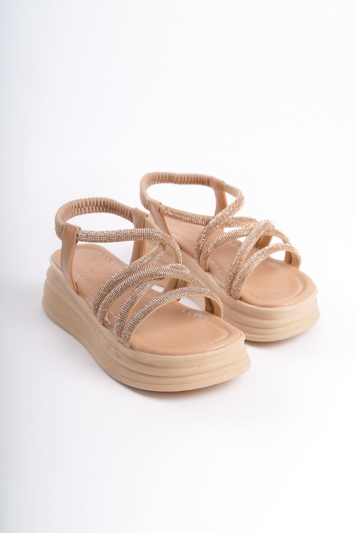 ELENA Elastic Stoned Striped Orthopedic Wedge Sole Women's Sandals - Skin