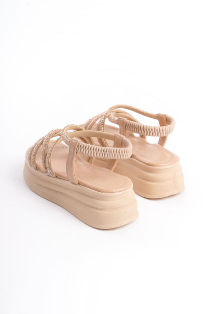 ELENA Elastic Stoned Striped Orthopedic Wedge Sole Women's Sandals - Skin