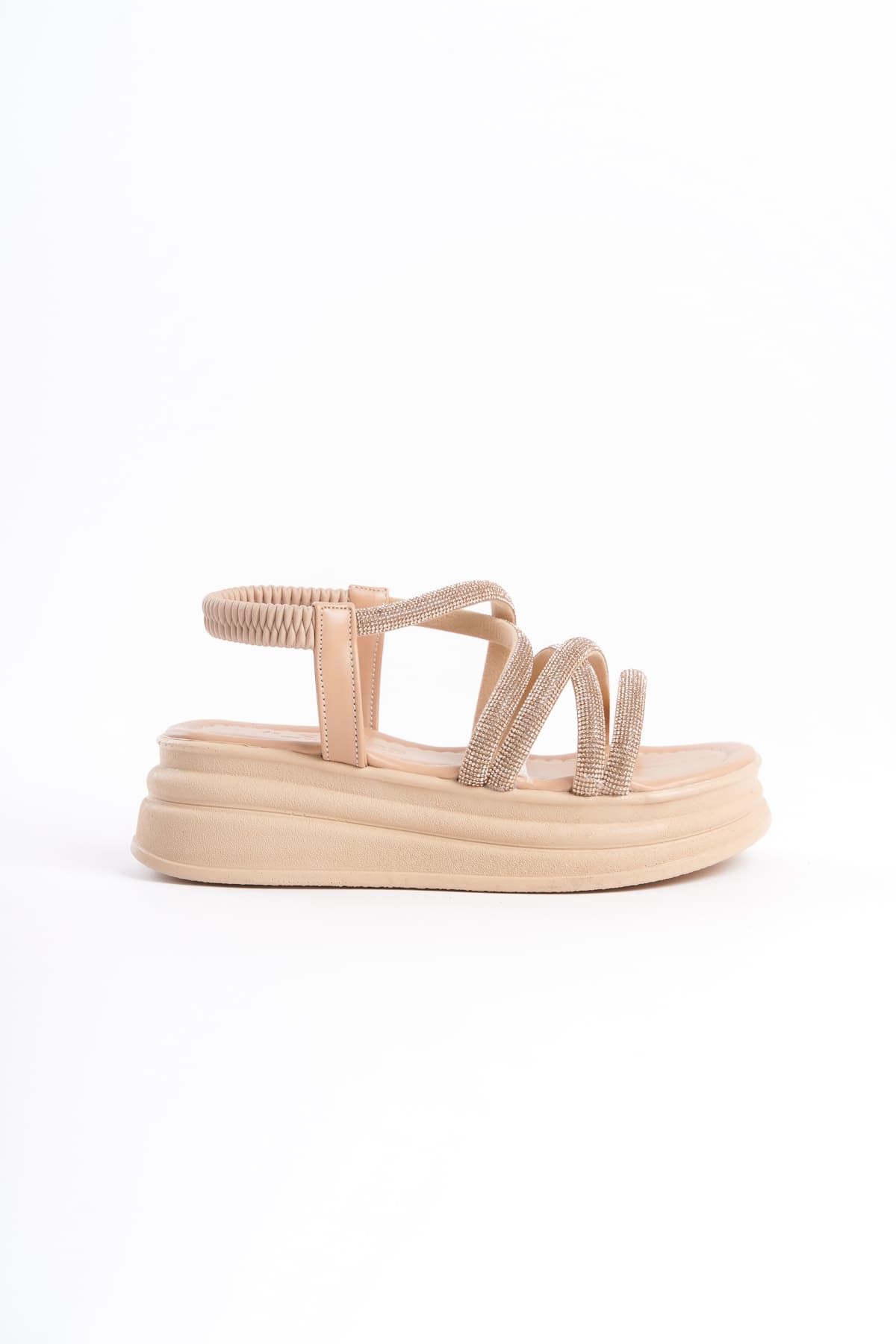 ELENA Elastic Stoned Striped Orthopedic Wedge Sole Women's Sandals - Skin