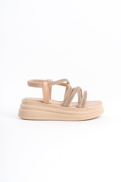 ELENA Elastic Stoned Striped Orthopedic Wedge Sole Women's Sandals - Skin