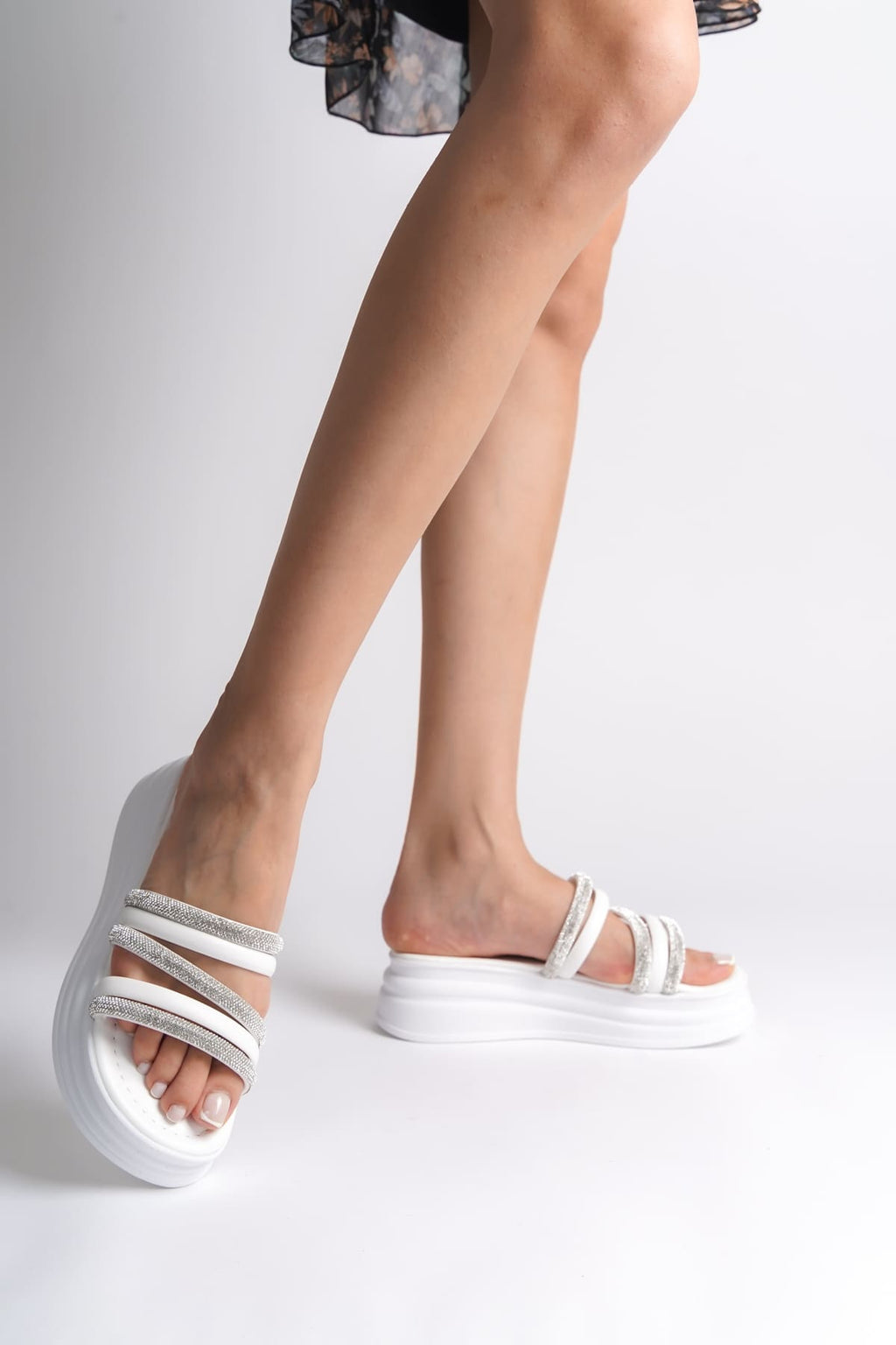 ELA Thick Heeled Striped Stoned Orthopedic Women's Slippers - White
