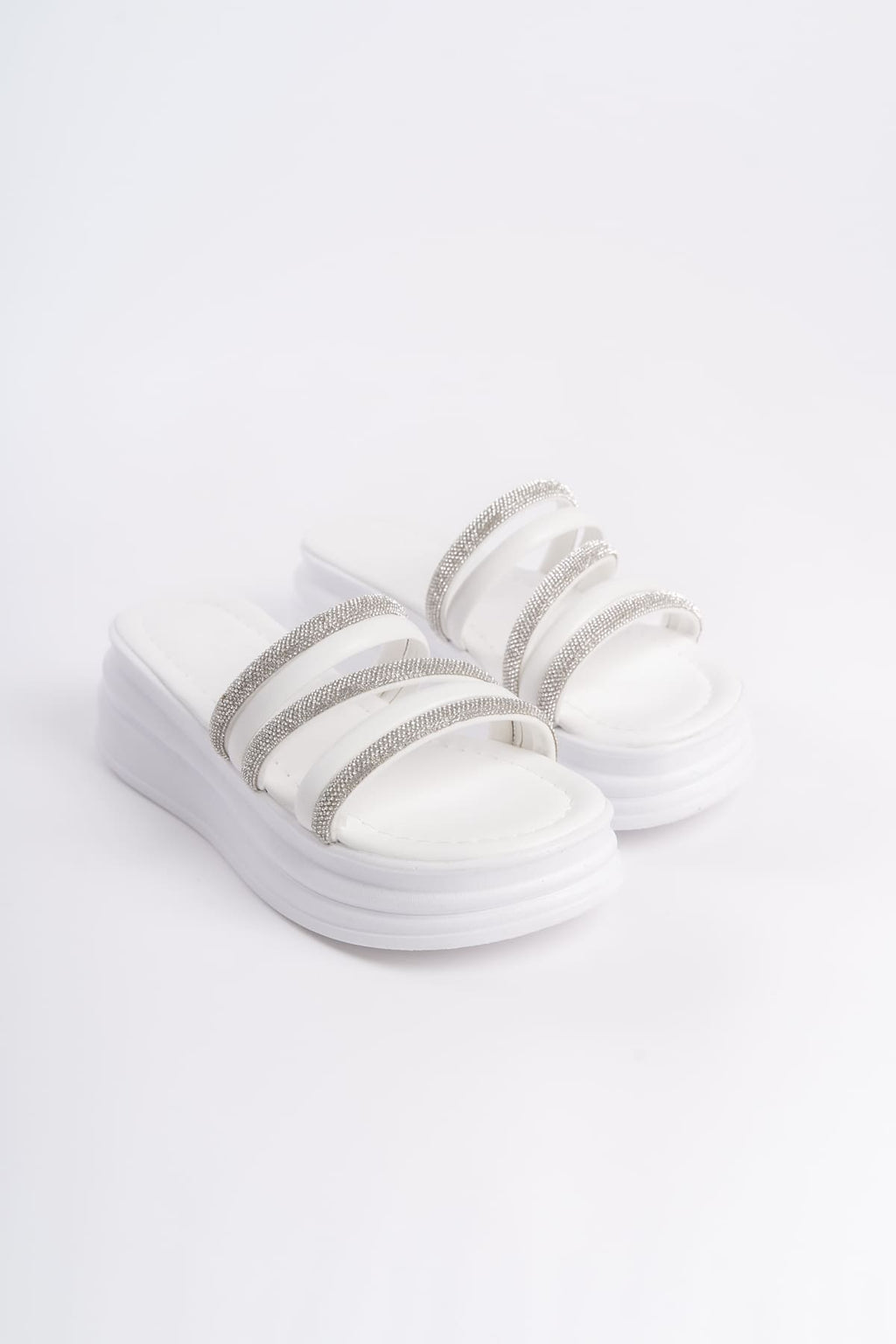 ELA Thick Heeled Striped Stoned Orthopedic Women's Slippers - White