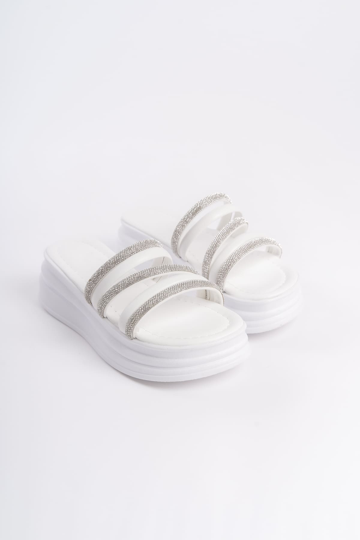 ELA Thick Heeled Striped Stoned Orthopedic Women's Slippers - White