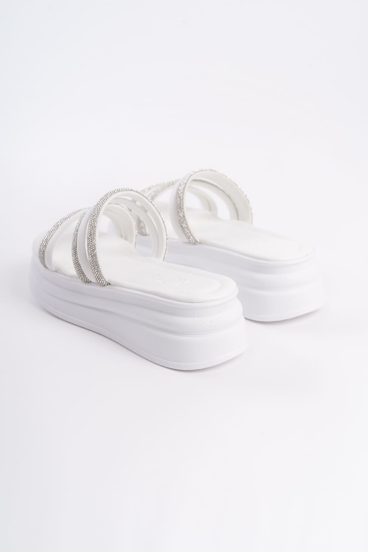 ELA Thick Heeled Striped Stoned Orthopedic Women's Slippers - White