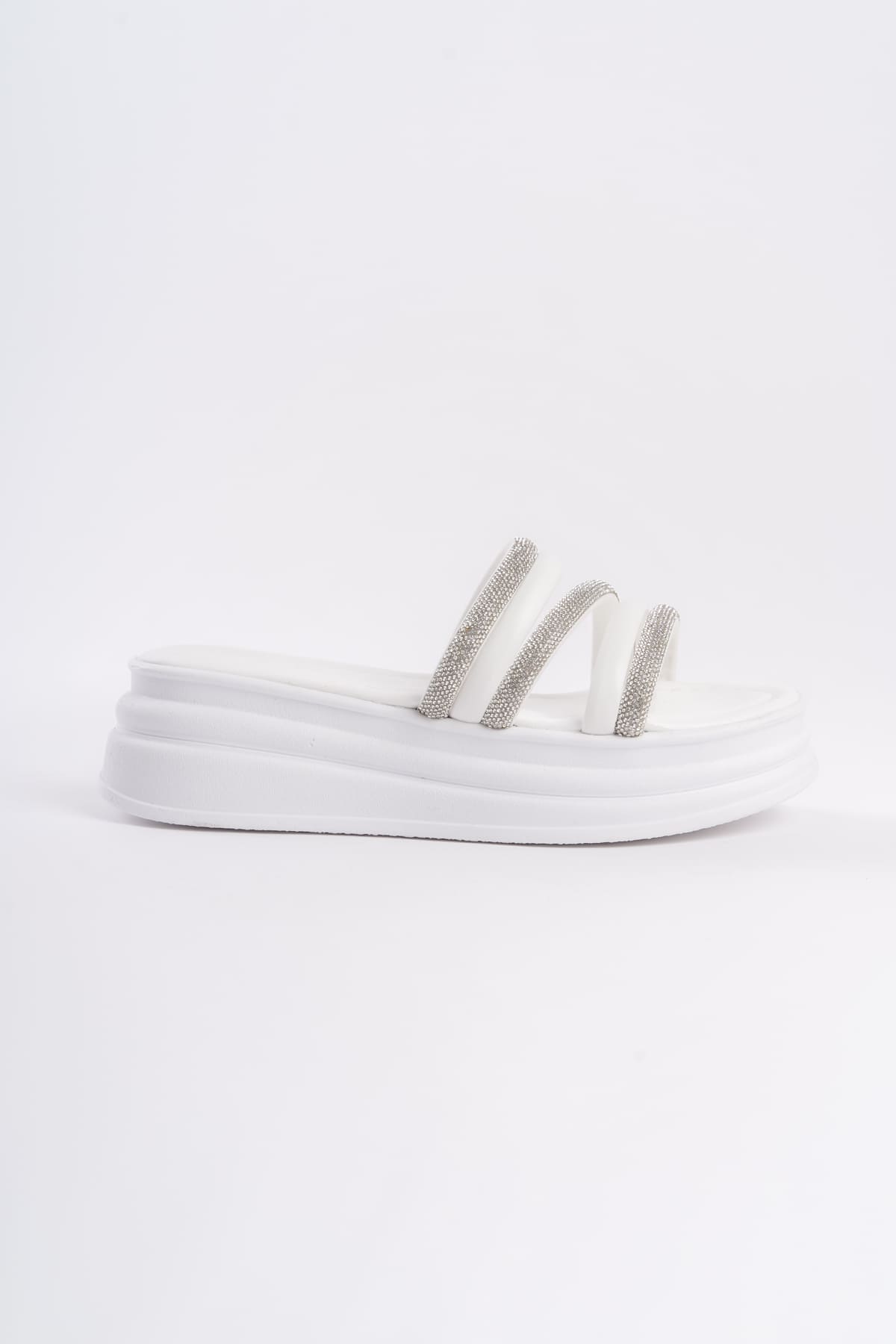 ELA Thick Heeled Striped Stoned Orthopedic Women's Slippers - White