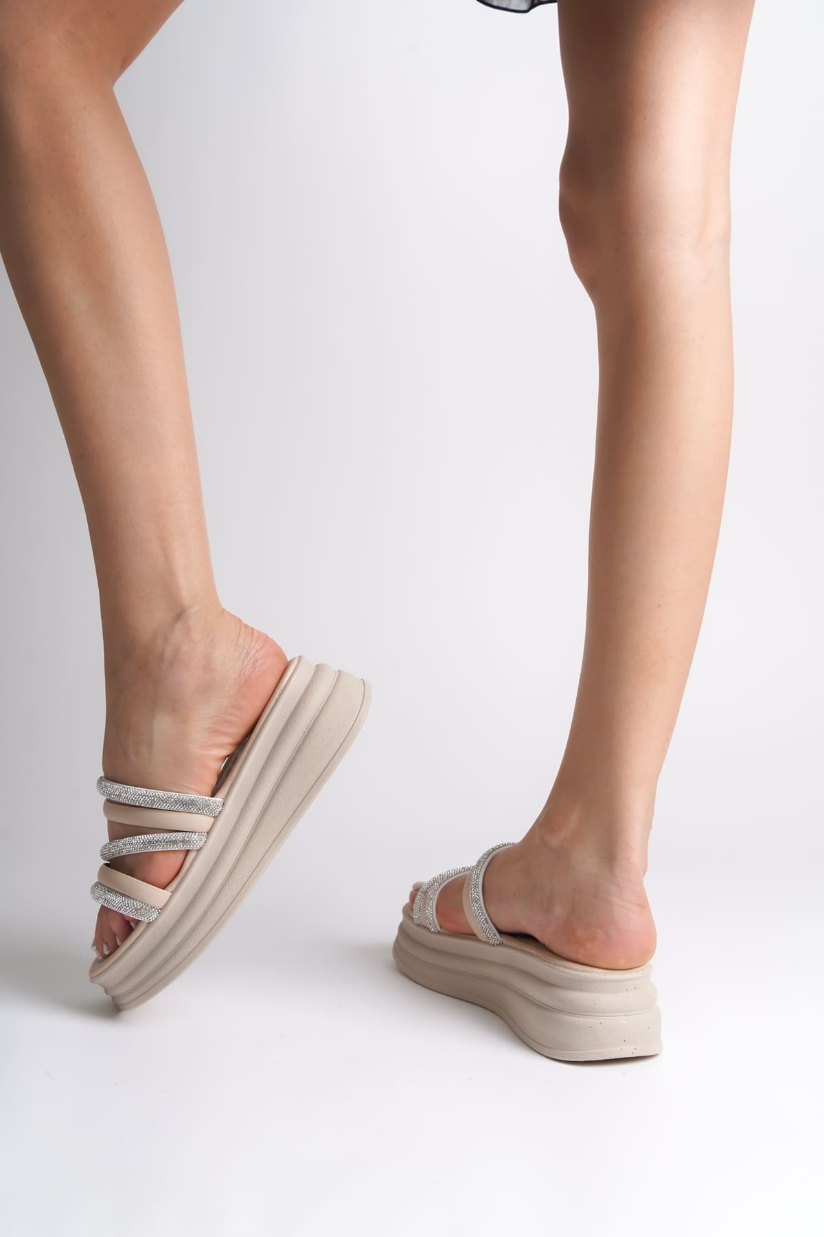 ELA Thick Heeled Striped Stoned Orthopedic Women's Slippers - Cream