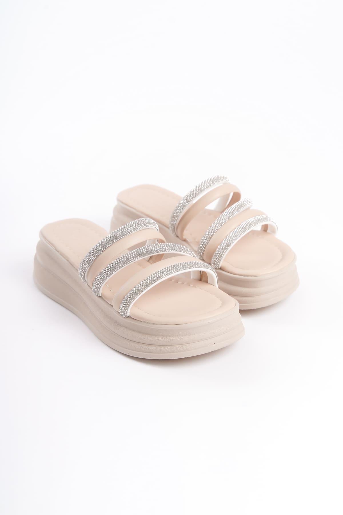 ELA Thick Heeled Striped Stoned Orthopedic Women's Slippers - Cream