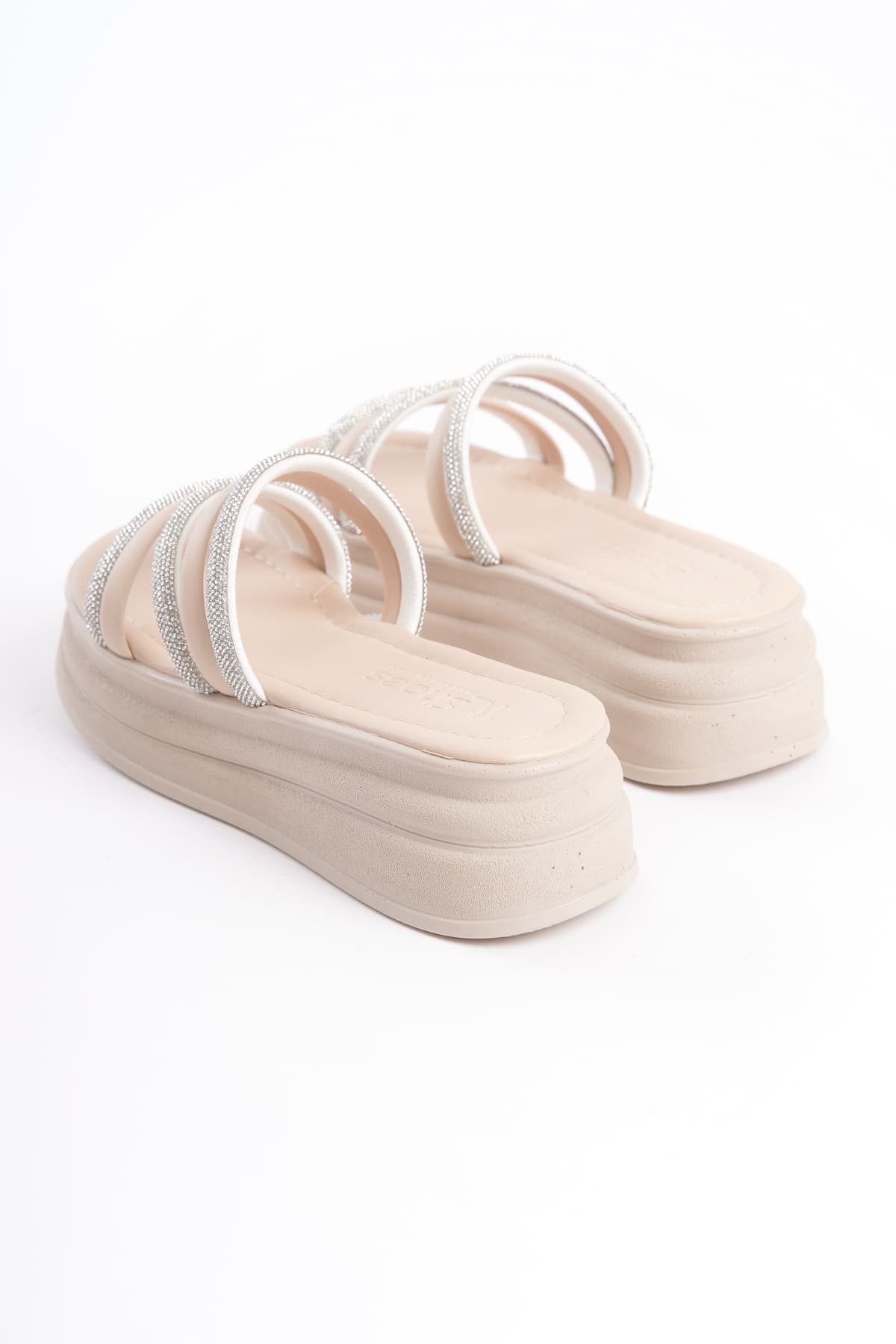 ELA Thick Heeled Striped Stoned Orthopedic Women's Slippers - Cream