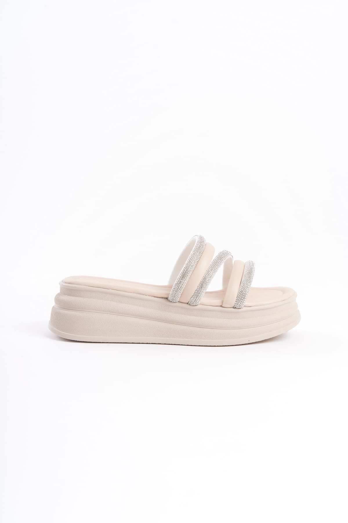 ELA Thick Heeled Striped Stoned Orthopedic Women's Slippers - Cream