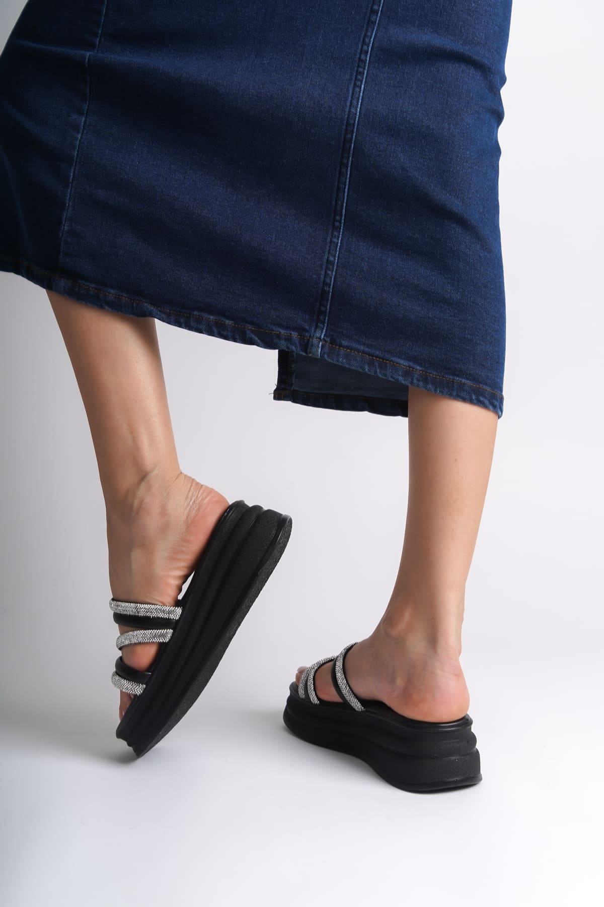 ELA Thick Heeled Striped Stoned Orthopedic Women's Slippers - Black