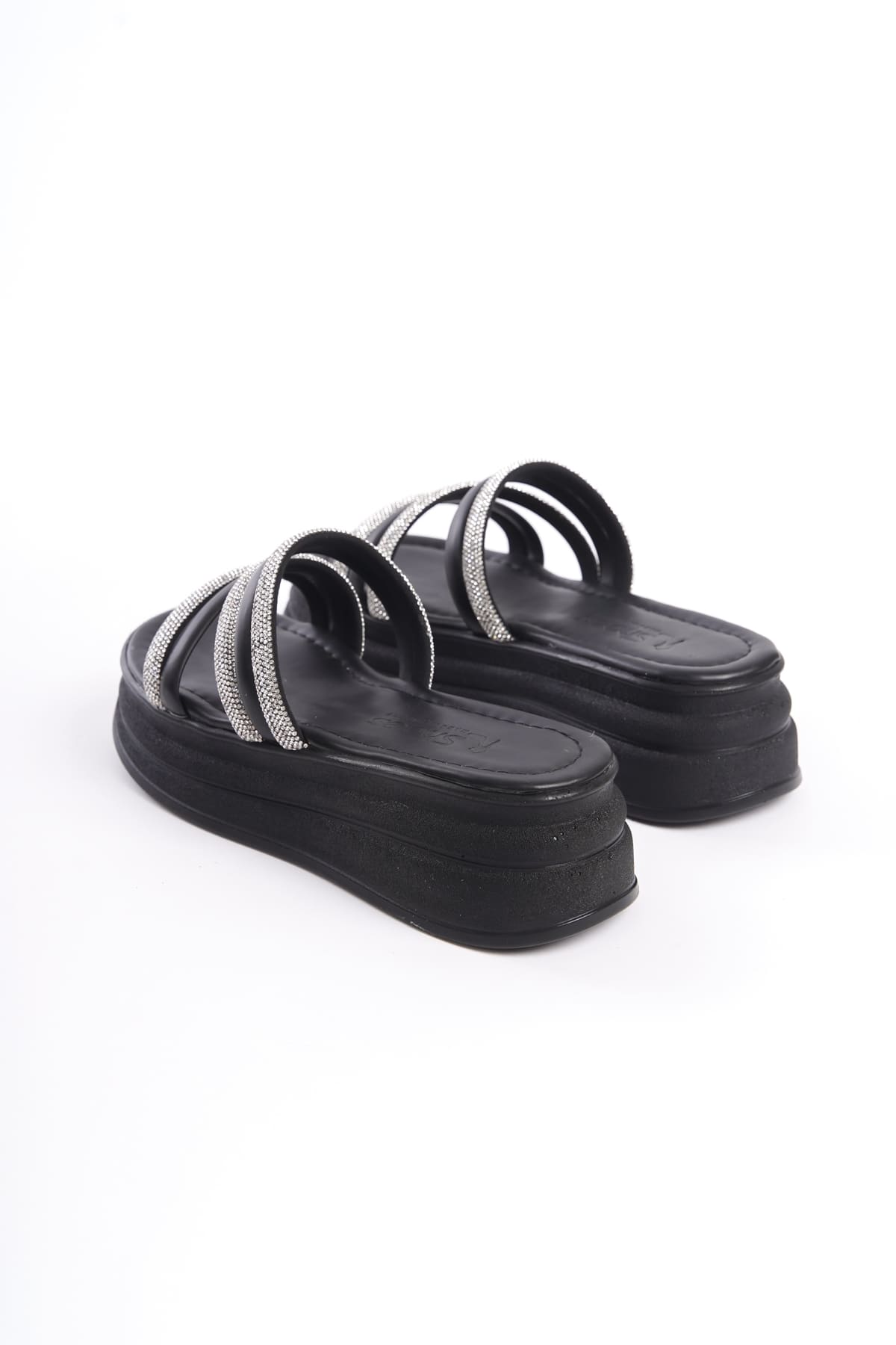 ELA Thick Heeled Striped Stoned Orthopedic Women's Slippers - Black