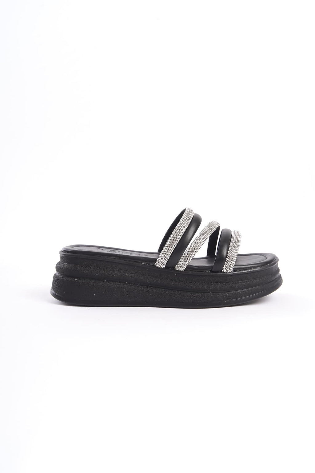 ELA Thick Heeled Striped Stoned Orthopedic Women's Slippers - Black