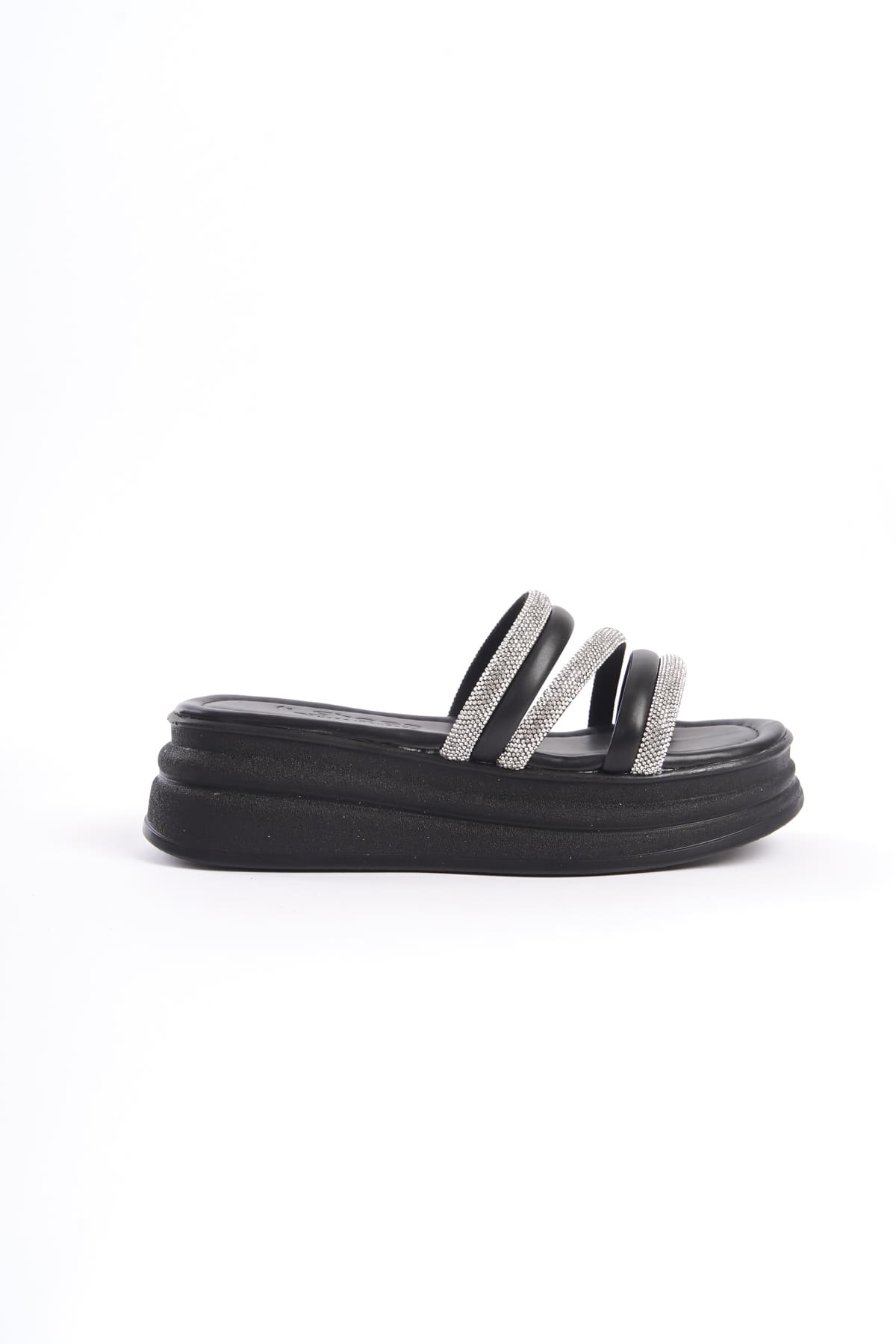 ELA Thick Heeled Striped Stoned Orthopedic Women's Slippers - Black