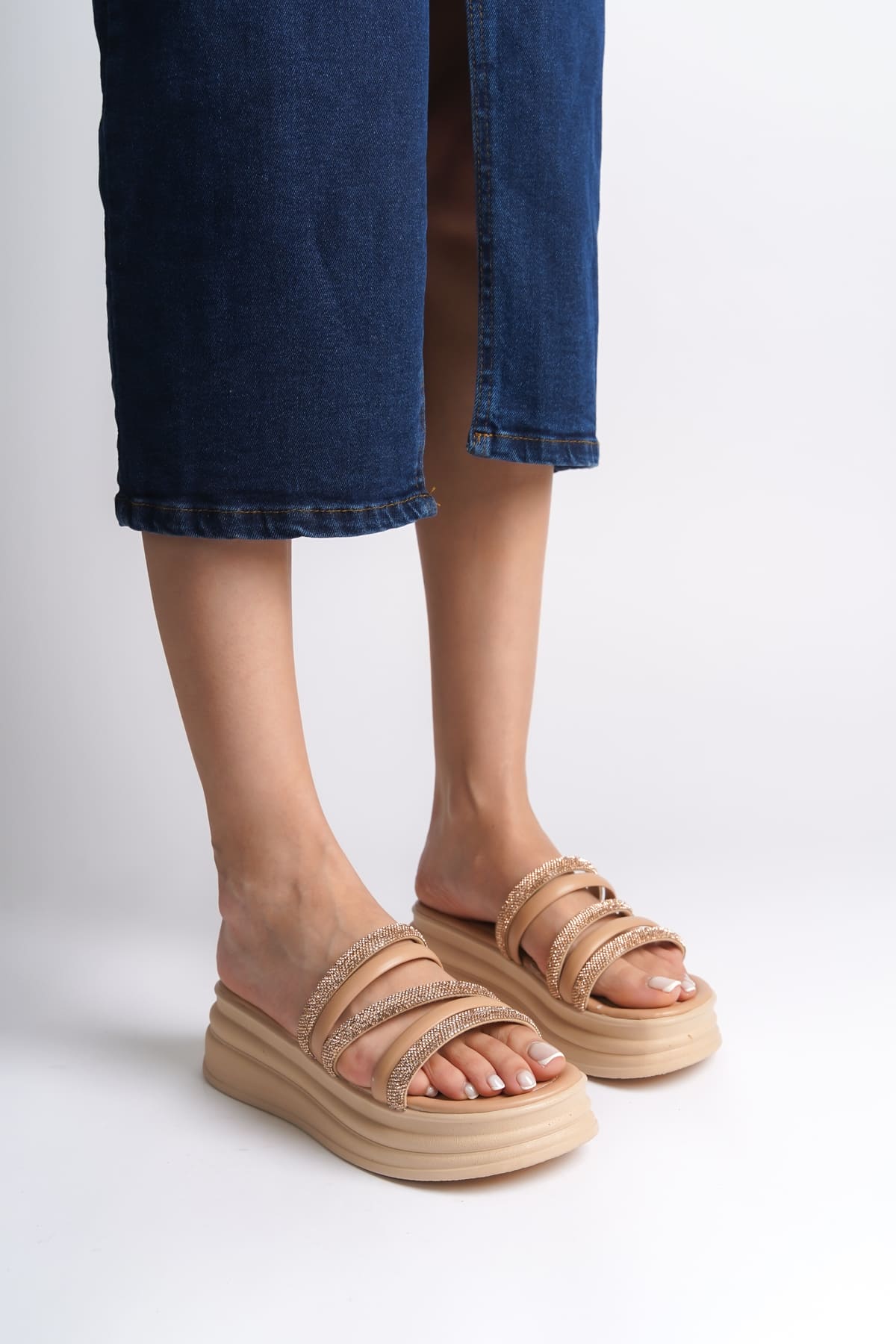 ELA Thick Heeled Striped Stoned Orthopedic Women's Slippers - Skin