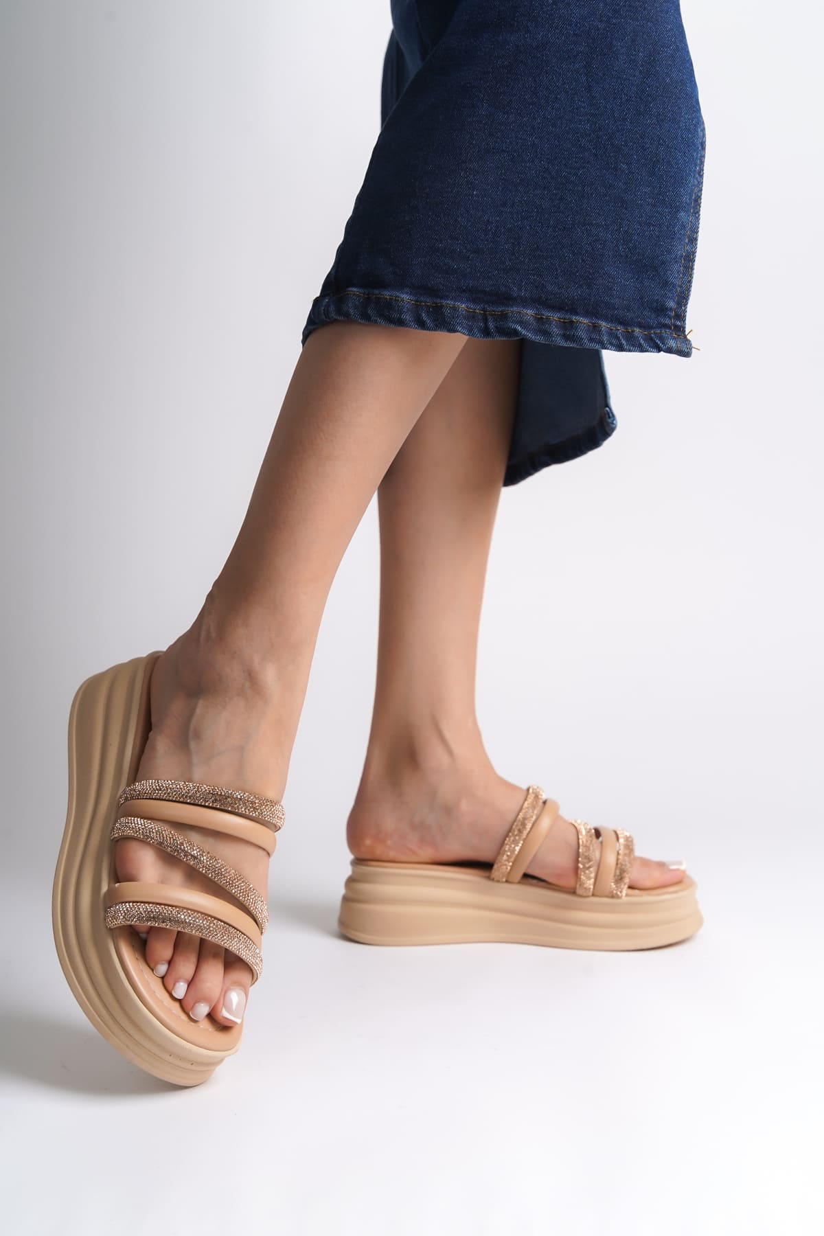 ELA Thick Heeled Striped Stoned Orthopedic Women's Slippers - Skin