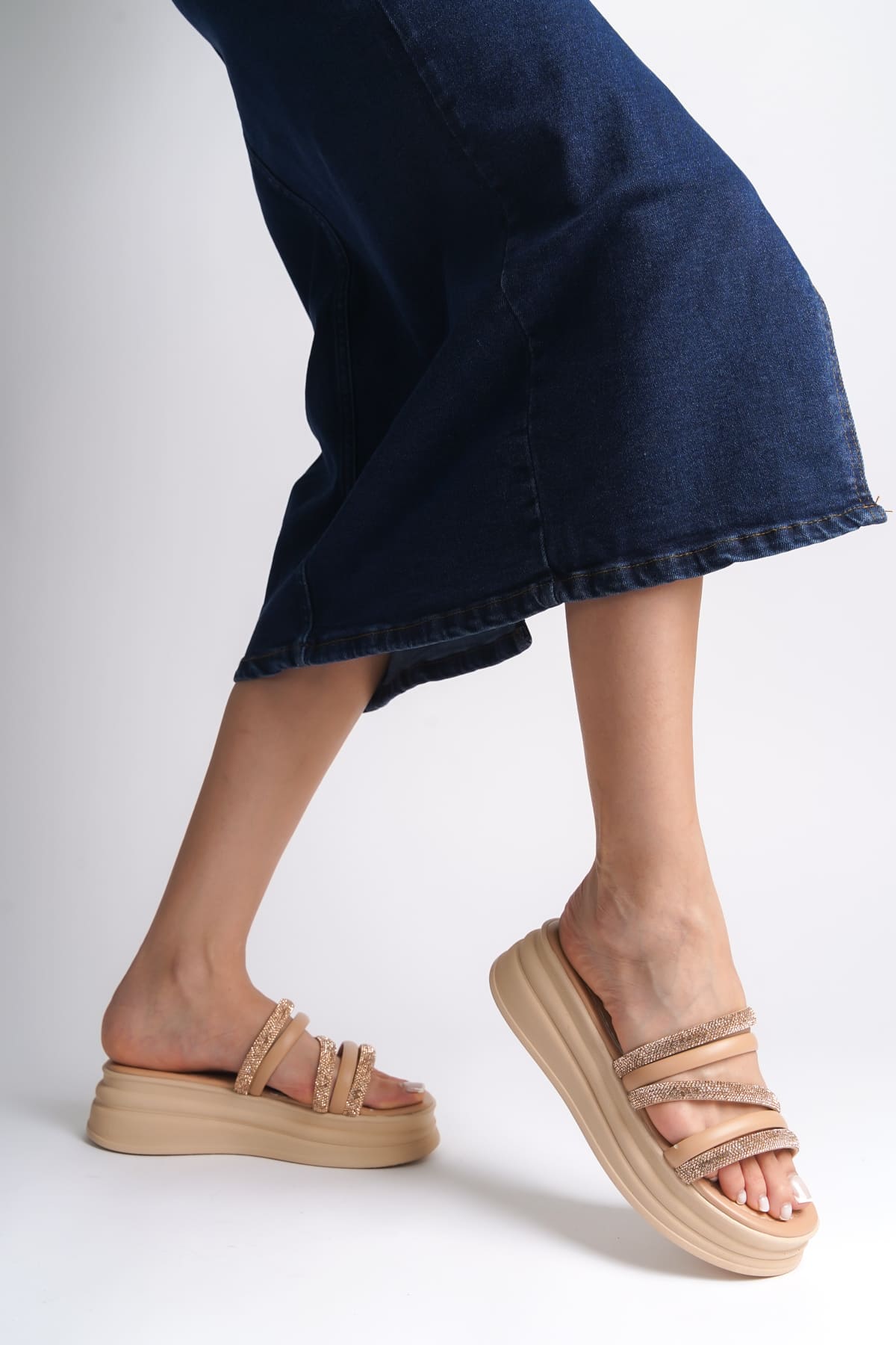 ELA Thick Heeled Striped Stoned Orthopedic Women's Slippers - Skin