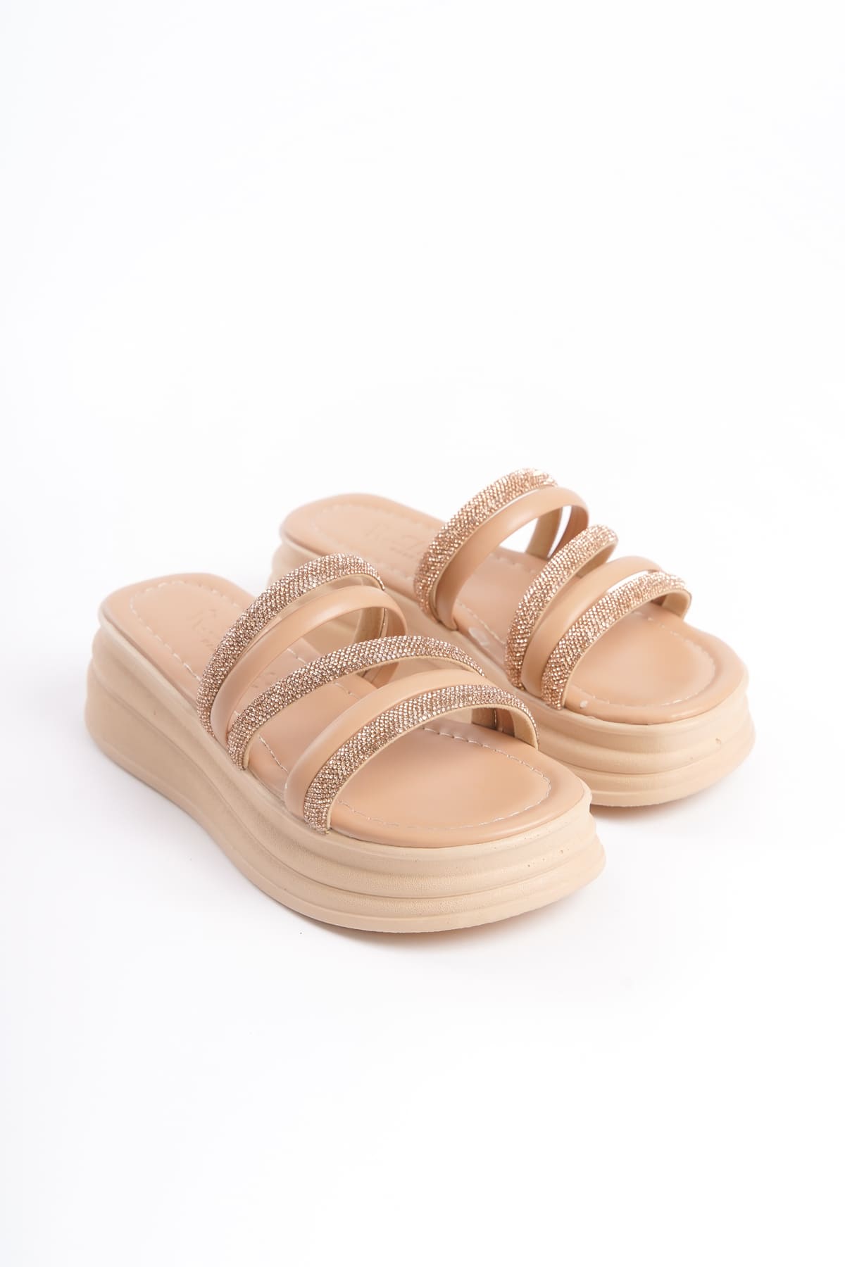 ELA Thick Heeled Striped Stoned Orthopedic Women's Slippers - Skin