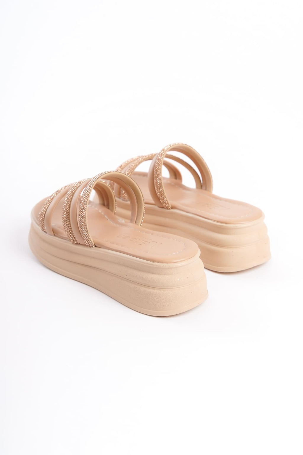 ELA Thick Heeled Striped Stoned Orthopedic Women's Slippers - Skin
