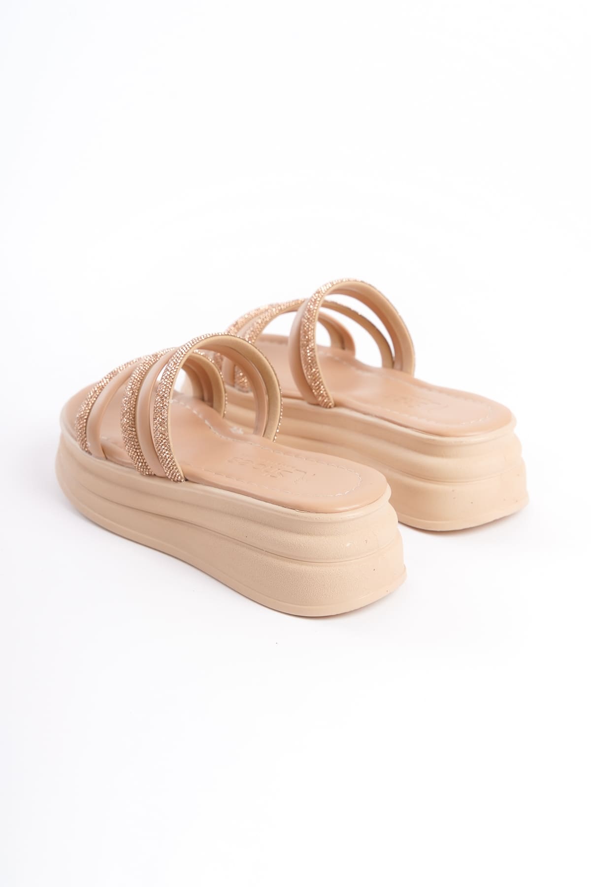 ELA Thick Heeled Striped Stoned Orthopedic Women's Slippers - Skin